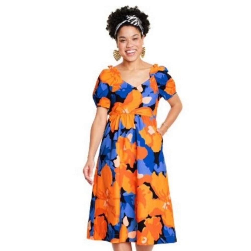 Orange and Blue Sweetheart Puff Sleeve Midi Dress